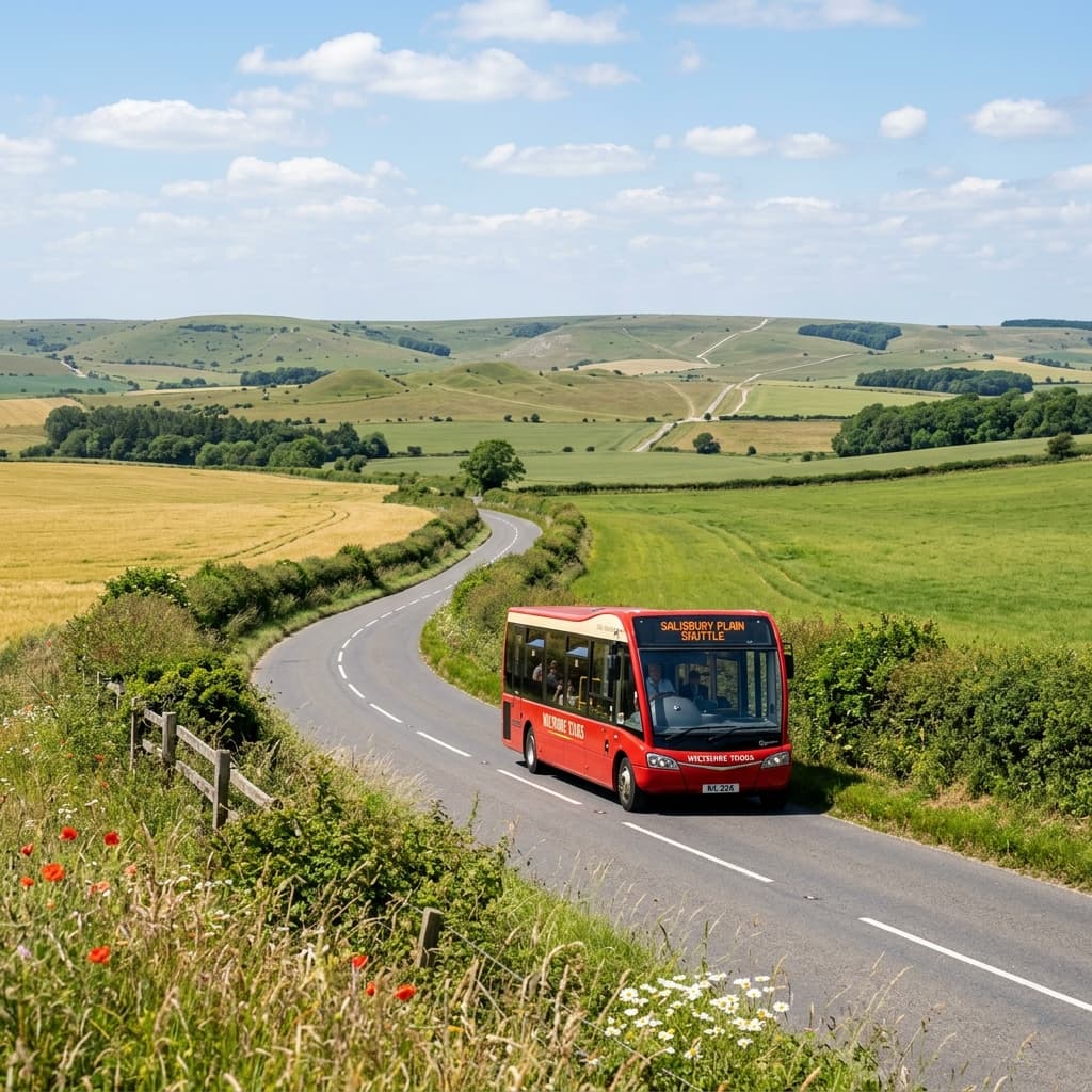 Red shuttle bus on Wiltshire road heading to Stonehenge from Salisbury