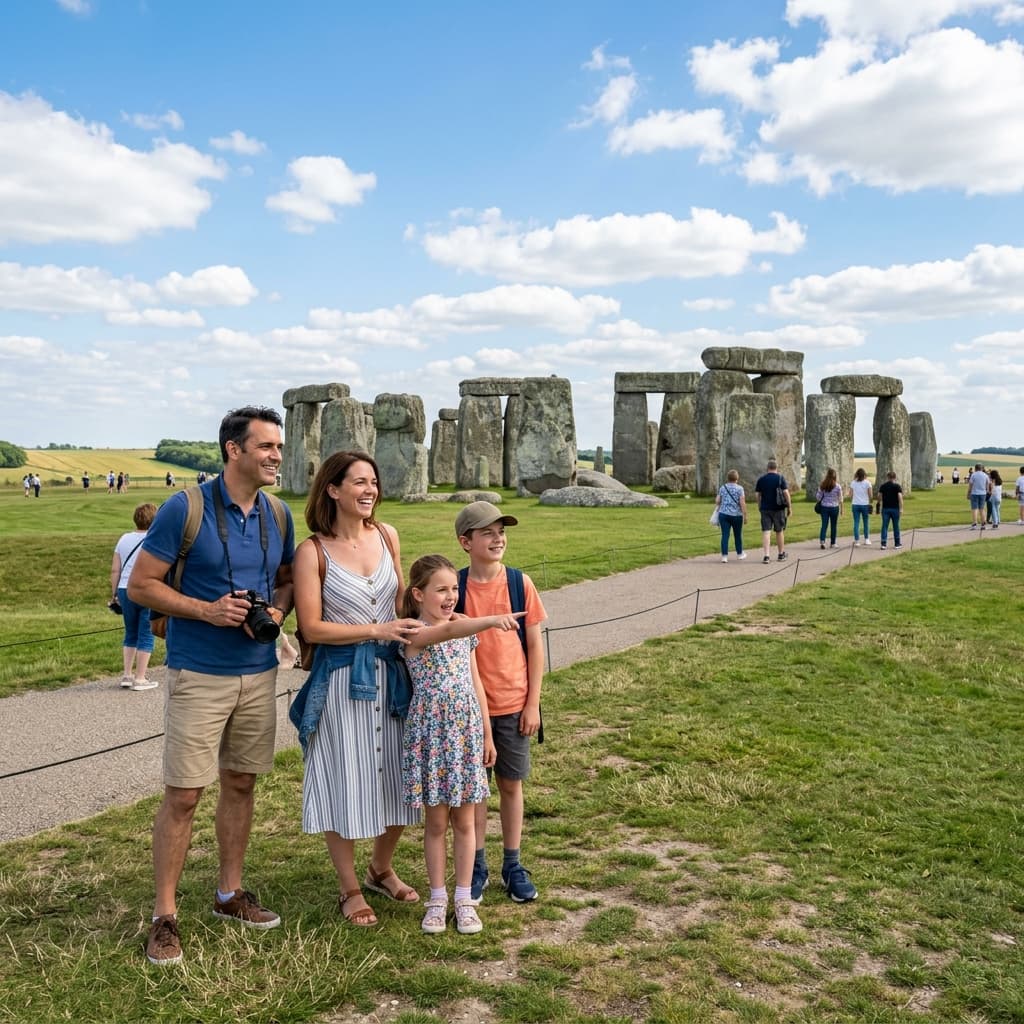 Family with children visiting Stonehenge on a day trip from Salisbury