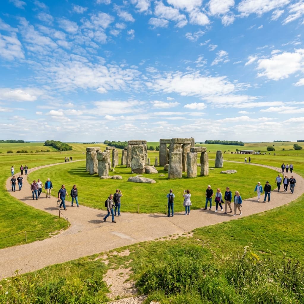 Stonehenge in summer sunshine with blue sky, busy tourist season from Salisbury
