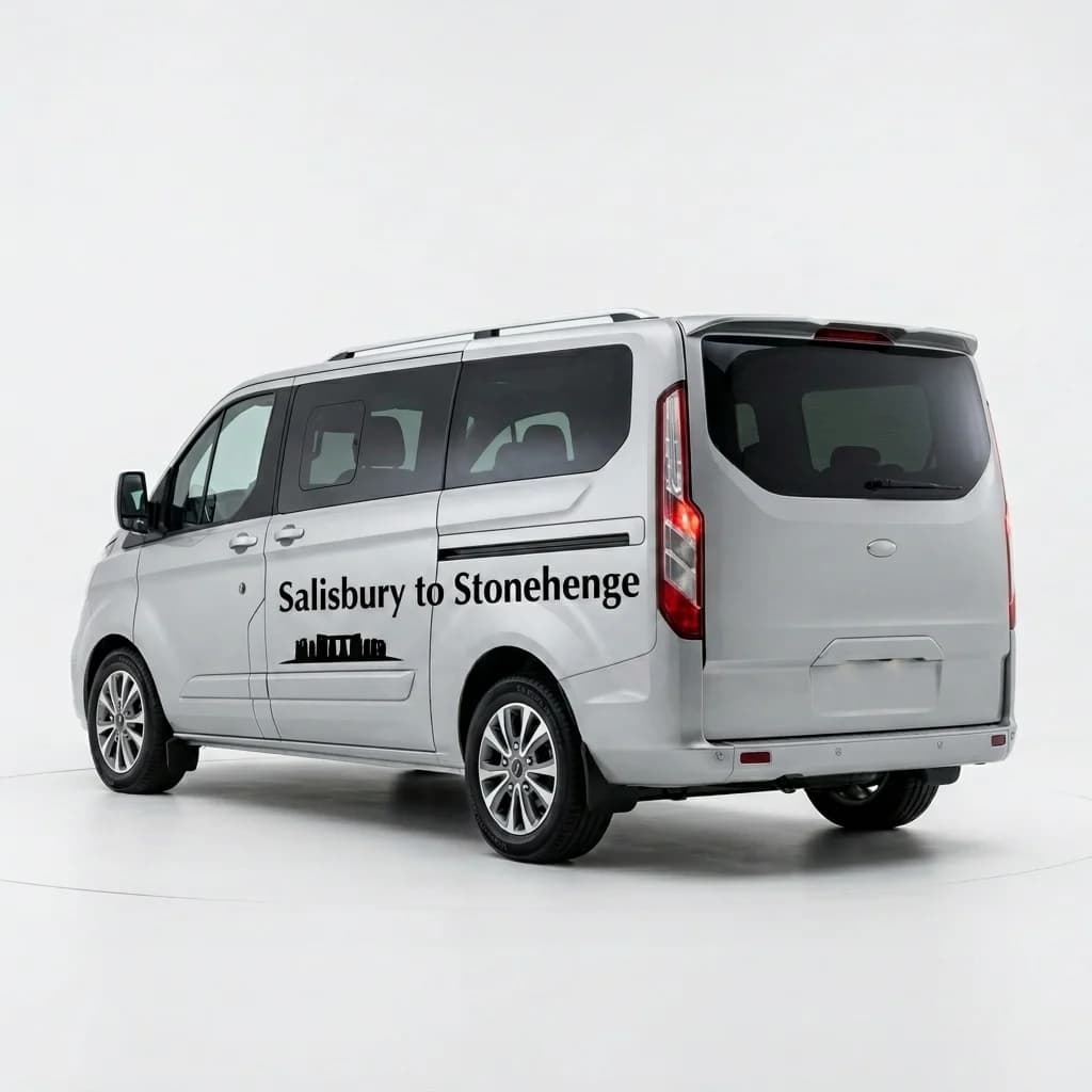 Salisbury to Stonehenge shuttle bus rear view - silver Ford Tourneo Custom direct service from Salisbury